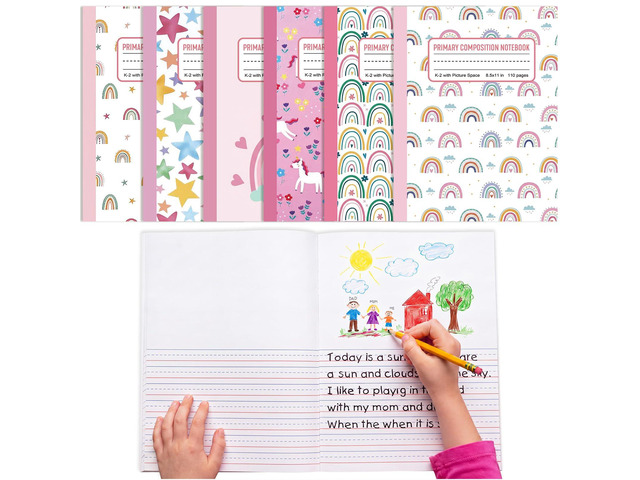 6 Pack Rainbow Primary Composition Notebook with Picture Space Bulk for Grades K-2 110 Page 8.5 X11'' Half Primary Journal K-2 Drawing Story for...