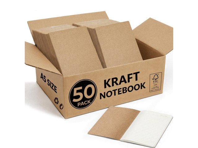 50 Pack Kraft Notebooks Bulk A5, 60 Pages Lined Ruled Journals, 8.3x5.5 In 80gsm Cream Paper, Natural Kraft Cover, Composition Style For...