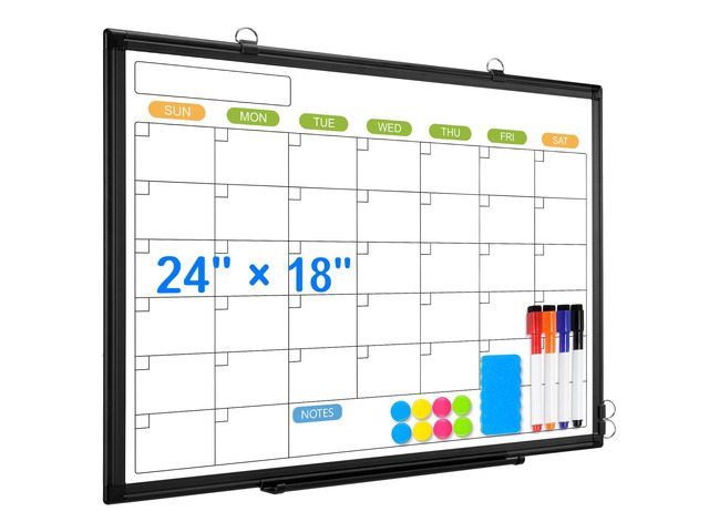24' x 18' Magnetic Monthly Dry Erase Whiteboard Calendar for Wall Double-sided & Smooth Writing Calendar White Board Hanging with Black Aluminum...