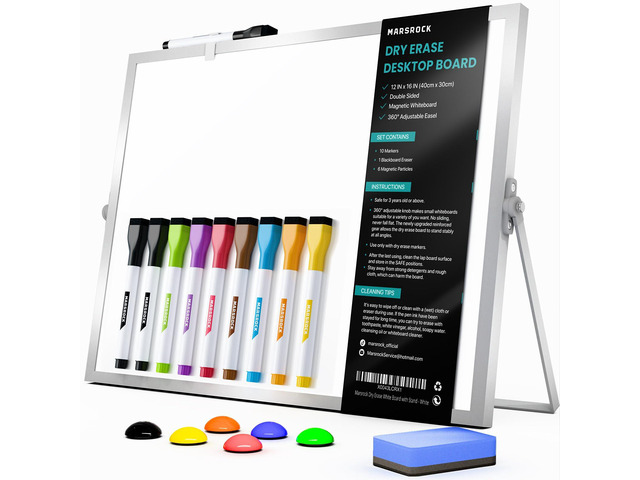 Dry Erase White Board with Stand, Double-Sided Whiteboard 16'x12' 10 Markers, 6 Magnets, 1 Eraser, Portable Desktop Whiteboard for School, Office &...