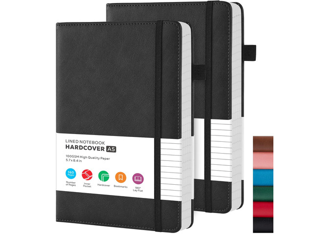 2 Pack Lined Journal Notebook, A5 (5.7'x8.4') Journaling Notebooks for Women Men Writing Work, Black Leather Hardcover, 160 Pages, 100GSM Paper,...