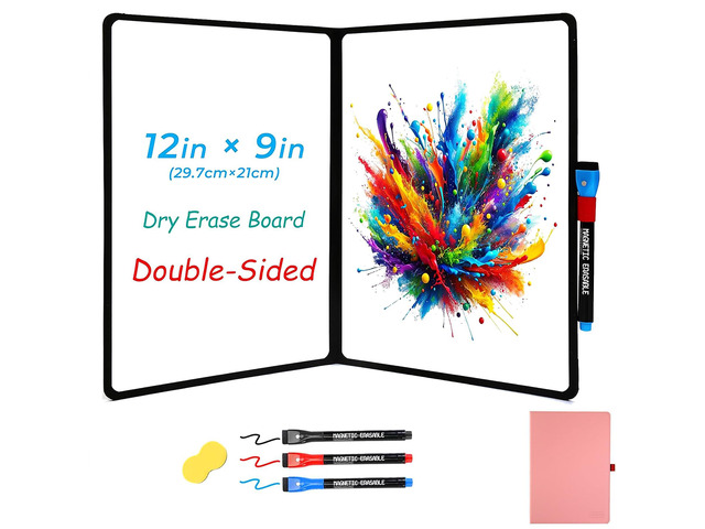 Double-Sided White Board 12x9 inch - Ultra-Thin Portable Dry Erase Board with 3 Markers & Anti-Ghosting Surface Magnetic-Ready Foldable for...