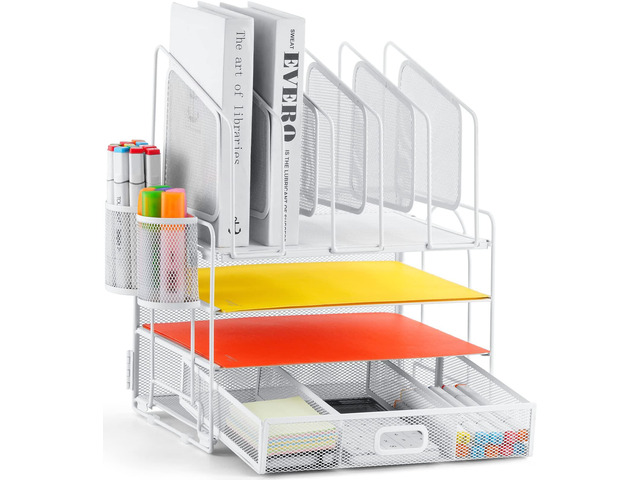 Desk Organizers, 4-Tier Mesh Desk File Organizer with 5 Vertical File Holders and 2 Pen Holders, Multifunction Desktop Organizer,Desk Organizers...