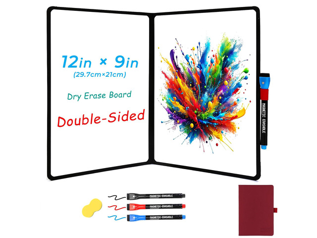 Double-Sided White Board 12x9 inch - Ultra-Thin Portable Dry Erase Board with 3 Markers & Anti-Ghosting Surface Magnetic-Ready Foldable for...