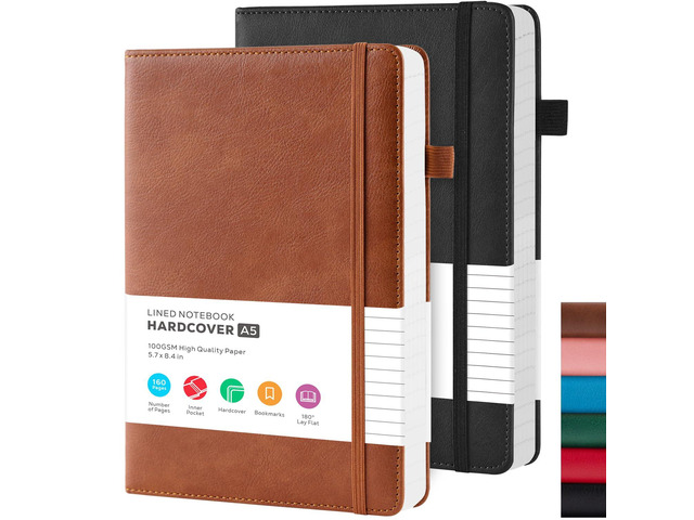 Lined Journal Notebook, A5 (5.7'' x 8.4'), 2 Pack Journaling Notebooks for Women Men Writing Work, Leather Hardcover, 160 Pages per Note Book,...