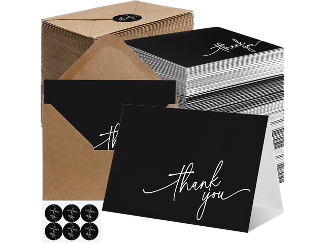 200 Pcs Thank You Cards with Envelopes Stickers, 3.5x5', Black Folded Blank Thank You Notes Bulk, Kraft Envelopes and Stickers, for Wedding...