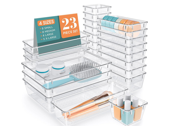 23 PCS Plastic Drawer Organizers Set, 4 Size Desk Drawer Organizer Trays 4 Size Desk Drawer Organizer Trays for Makeup, Jewelry, Kitchen Utensils,...