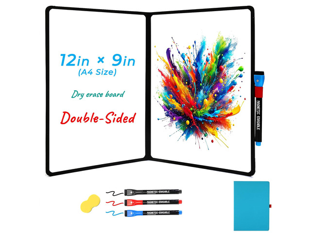 Double-Sided White Board 12x9 inch - Ultra-Thin Portable Dry Erase Board with 3 Markers & Anti-Ghosting Surface Magnetic-Ready Foldable for...