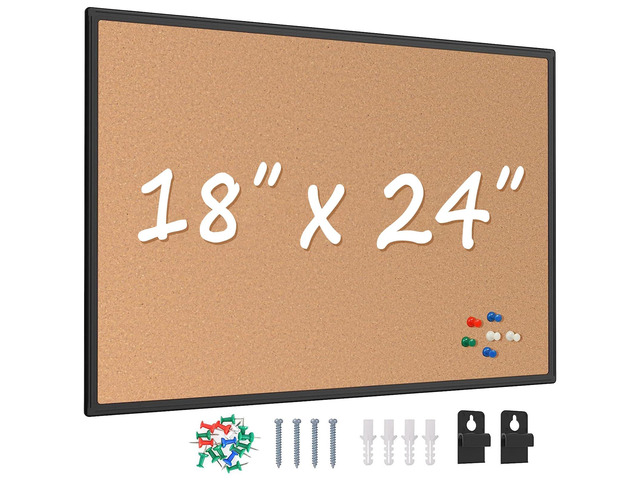 Cork Board Bulletin Board 24 x 18, Black Aluminium Framed Corkboard, Office Board for Wall Cork, Large Wall Mounted Notice Pin Board with 16 Push...