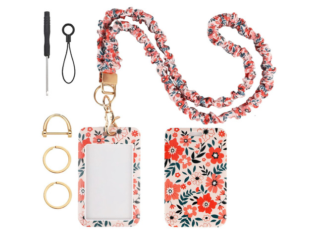 Teacher Lanyard, Scrunchie Lanyard with ID Badge for Women Soft Stretchy Lanyards Retractable Lanyards for Id Badges Keys Neck Keychain Floral Style