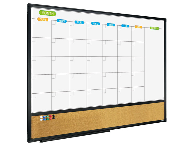 Magnetic Calendar Whiteboard & Bulletin Corkboard Combination, Combo Board 36 x 24 Inch, Black Aluminum Frame Wall Mounted Board for Office Home...