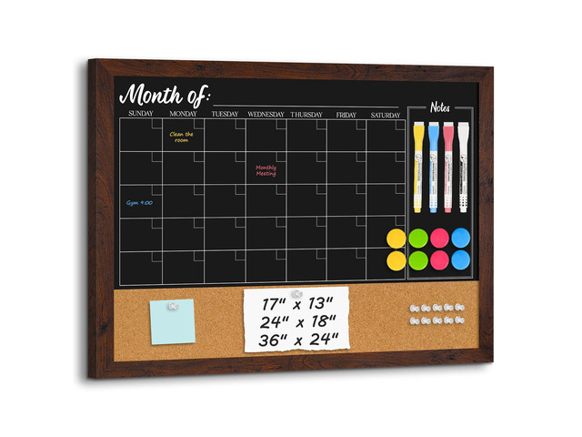 Chalkboard Calendar Corkboard Combo 36' x 24', Rustic Brown Magnetic Chalkboard for Wall, Combination Bulletin Board, Monthly Planner, 4 Markers 8...
