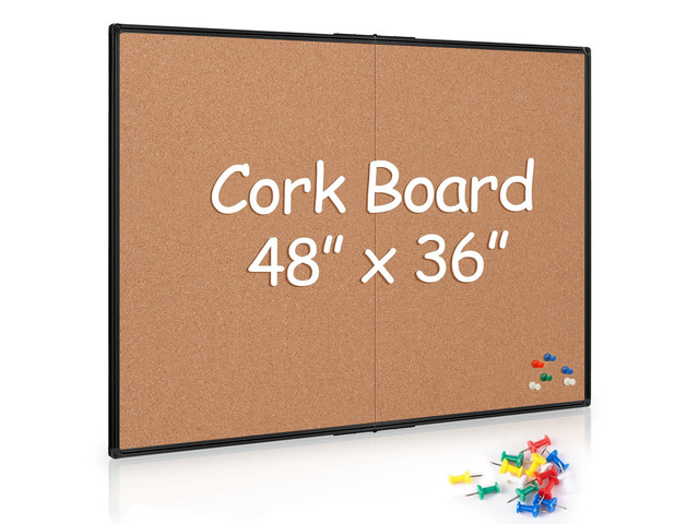 Cork Board Bulletin Board 36 x 48, Foldable Notice Pin Board for Wall, Black Aluminum Framed 4x3 Corkboard, Large Wall Mounted Office Board with 36...