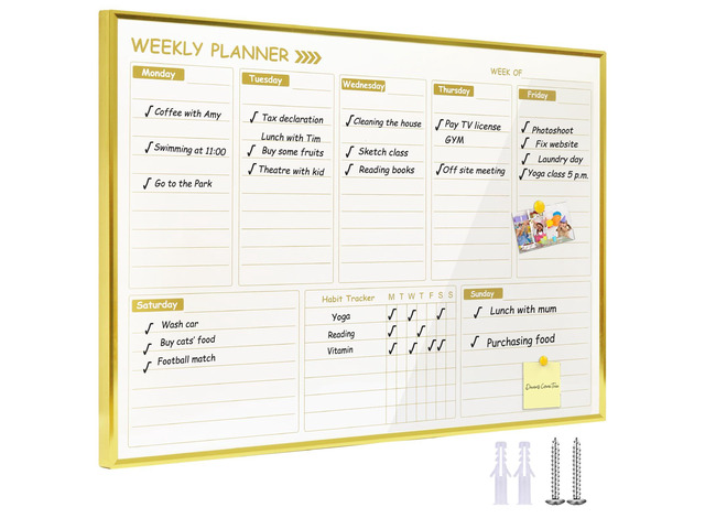 Gold Weekly Dry Erase Board for Wall,12'x16',Gold Metal Frame Weekly Planner Whiteboard for to Do List, Memo, School, Home, Office, Kitchen-GZ