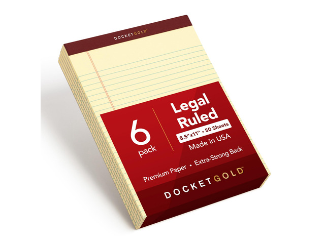 Legal Pads, 6 Pack, Premium Docket Gold Note Pads, 50 Legal Ruled 8.5 x 11 Sheets, Thick Canary Yellow Paper with Extra Hard Back, Proudly Made in...