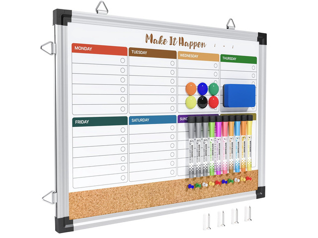 Weekly Dry Erase Board, 17'x13', Double Sided, Colorful Cork surface combo, white board, aluminum frame, reversible hanging, for home office school...