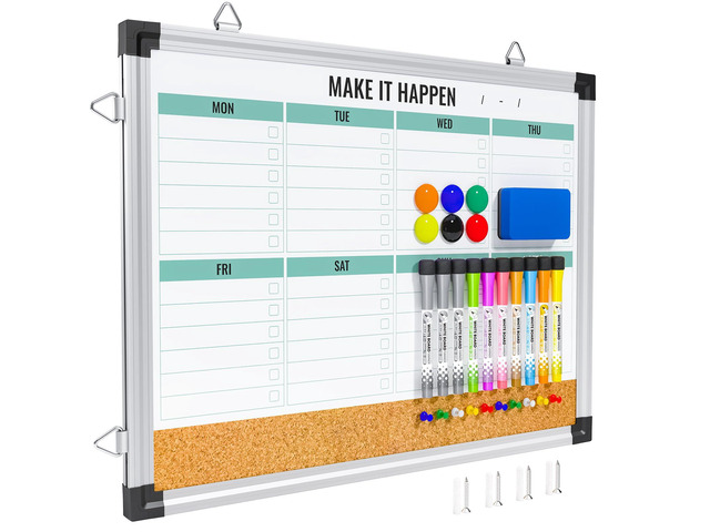 Weekly Dry Erase Board, 17'x13', Double Sided, Green Cork surface combo, white board, aluminum frame, reversible hanging, for home office school...