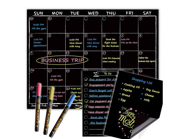 Magnetic Chalkboard Monthly Calendar with neon Bright Liquid Chalk Markers Black Refrigerator Monthly Planning Board w/Bonus - Grocery List and...