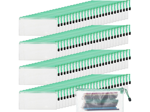 100Pcs Mesh Pencil Pouch,White Pouch Green Zipper,A6 Small Zipper Pencil Pouches Bulk, Waterproof Clear Storage Bag, Multipurpose for Cash Board...