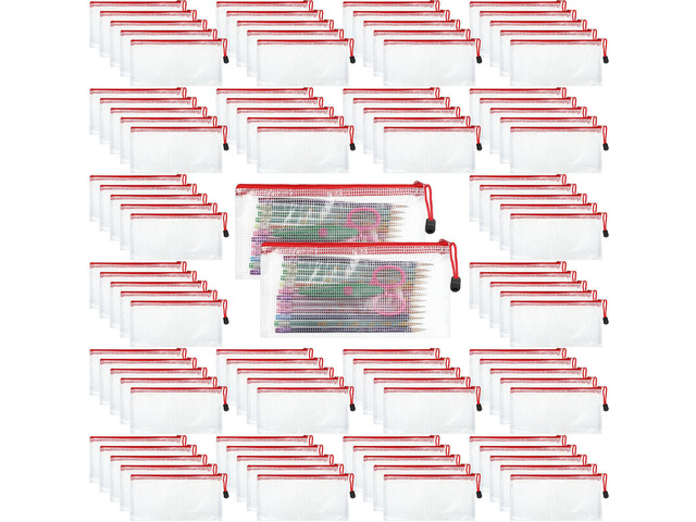100Pcs Mesh Pencil Pouch,White Pouch Red Zipper,A6 Small Zipper Pencil Pouches Bulk, Waterproof Clear Storage Bag, Multipurpose for Cash Board Game...
