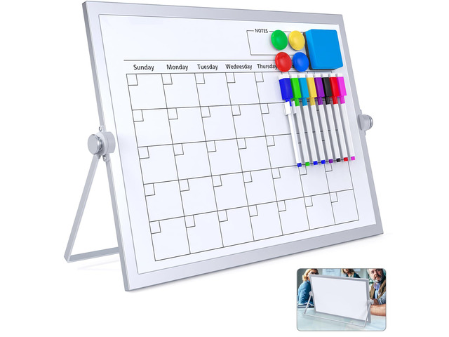 Dry Erase White Board,16X12IN Magnetic Desktop Whiteboard Calendar Whiteboard 8 Markers, 4 Magnets, 1 Eraser, Portable Double-Sided White Board...