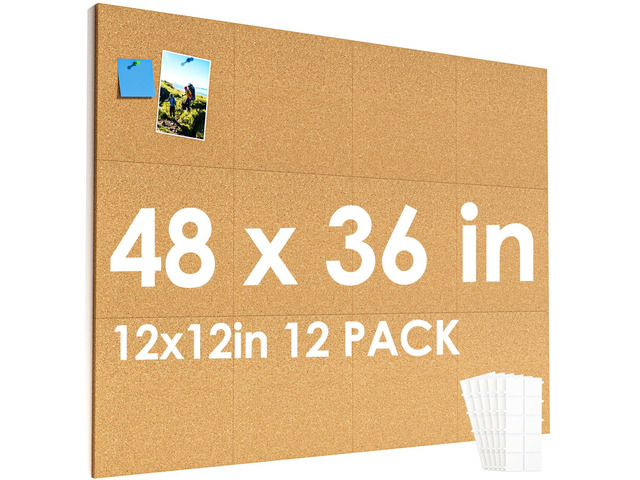 48' x 36' Large Cork Board for Wall, 12 Pack 12' x 12' Tiles Self-Healing Natural Cork; Includes 40 Pushpins & Removable Adhesive Tabs; Flexible...