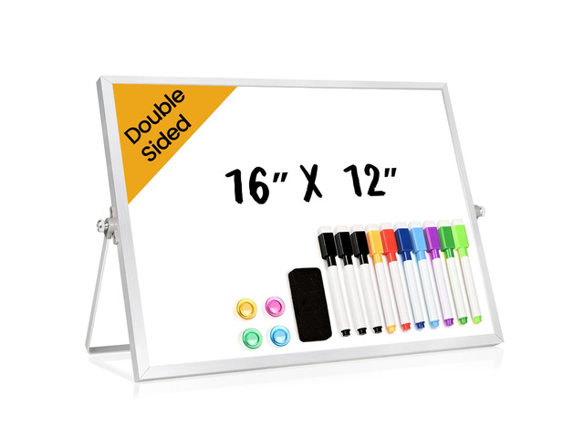 Desktop Whiteboard with Stand, 16' x 12' Double-Sided Dry Erase Board with Stand, Portable Stand White Board for Office, Home, School