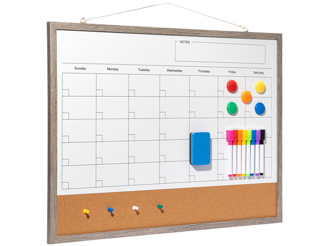 Dry Erase Calendar Whiteboard, 24' x 18' Magnetic Whiteboard Cork Board Combo, Reusable Monthly Planner with 8 Markers, Eraser, Magnets and...