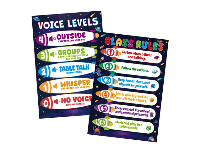 2Pcs Voice Level Chart for Classroom - Space Educational Poster Classroom Rules Poster for Kids Toddlers for Classrooms Decorations Elementary Back...