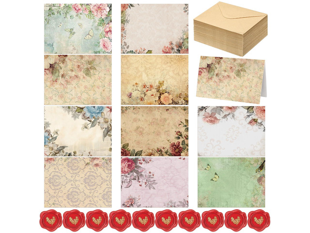 Blank Note Cards and Envelopes, 100 Pcs, Vintage Floral 10 Vintage Floral Designs, Peel Seal Heart Stickers, Great for Thank You Notes, Party...