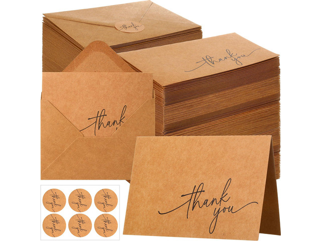 200 Pcs Thank You Cards with Envelopes Stickers, 3.5x5', Brown Folded Blank Thank You Notes Bulk, Kraft Envelopes and Stickers, for Wedding...