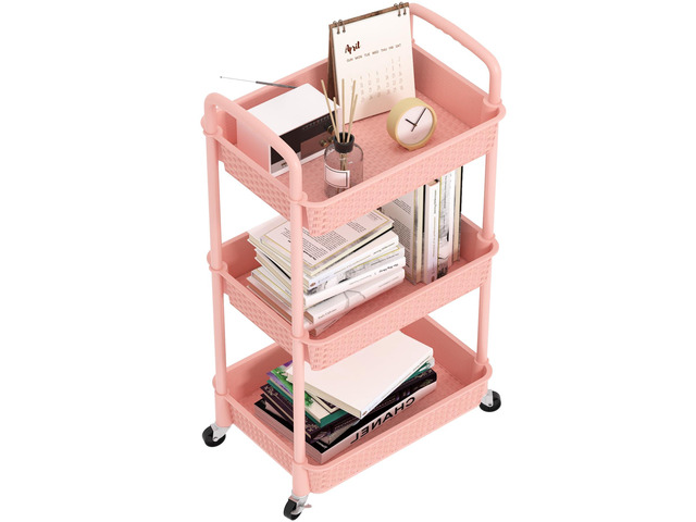 3-Tier Plastic Rolling Utility Cart with Handle,Utility,Pink Utility Storage Cart for Office, Living Room, Kitchen,Movable Storage OrganizerEasy...