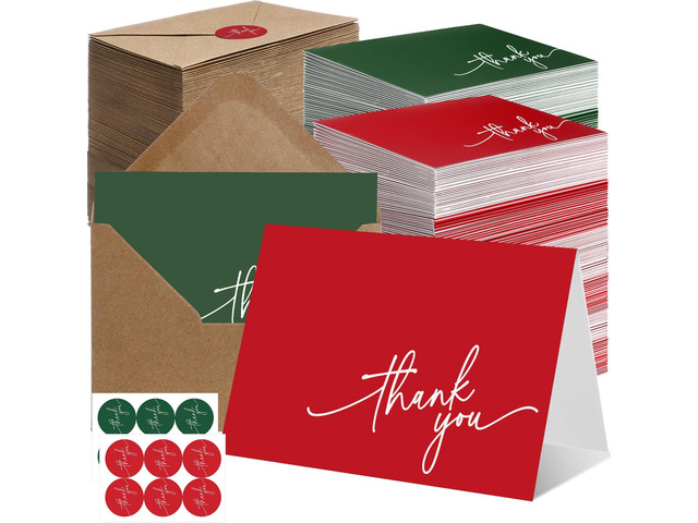 200 Pcs Thank You Cards with Envelopes Stickers, 3.5x5', Red, Green Folded Blank Thank You Notes Bulk, Kraft Envelopes and Stickers, for Wedding...