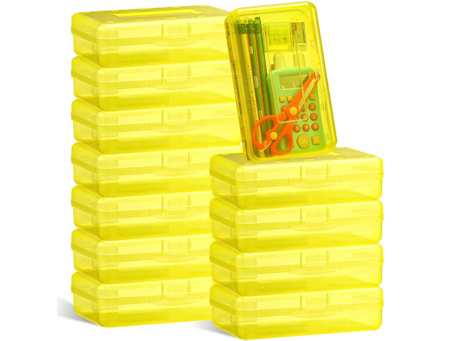 12 Pack Pencil Boxes Bulk, Large Plastic Case,Yellow Stackable Hard Storage Box with Snap Lid for School Classroom, Desk Drawer Organizer, Crayons...