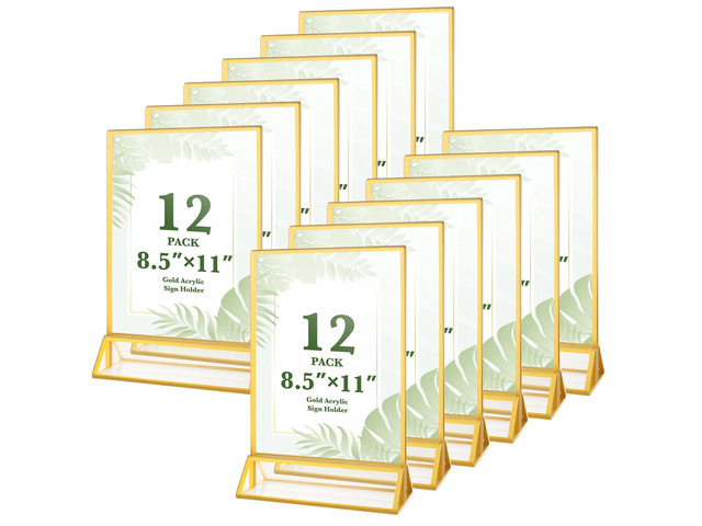 12 Pack 8.5×11 Gold Acrylic Sign Holders, Wedding Table Number Holders Double Sided Vertical Stand Clear Picture Frame Stands, Menu Flyer Display...