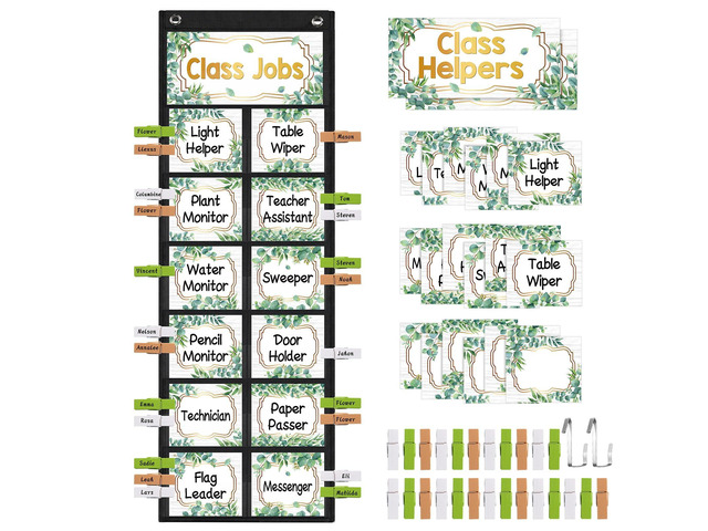 Eucalyptus Class Jobs Pocket Chart Class Helpers Pocket Chart Classroom Jobs Cards with Clips and Hooks Teacher Helper Bulletin Board Set, for Back...