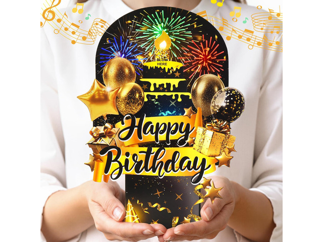 Pop Up Birthday Cards, 3D Musical Lights Up Fireworks Greeting Card Interactive Blow Out Candle, Black Gold Singing Happy Birthday Cards Gifts for...