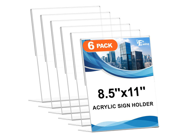 6 Pack 8.5 x 11 Acrylic Sign Holder, Clear Plastic Signs Display Stand, Vertical Slanted Back Paper Holder Stand up Table Top Sign Holders Flyer...