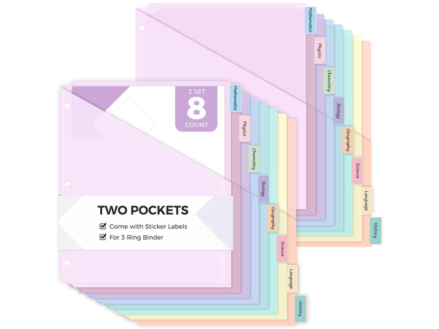 8 Tabs Dividers with Two Pockets, Plastic Binder Dividers Dividers for 3 Ring Binders with Writable Labels,Insertable Lettersize Document...