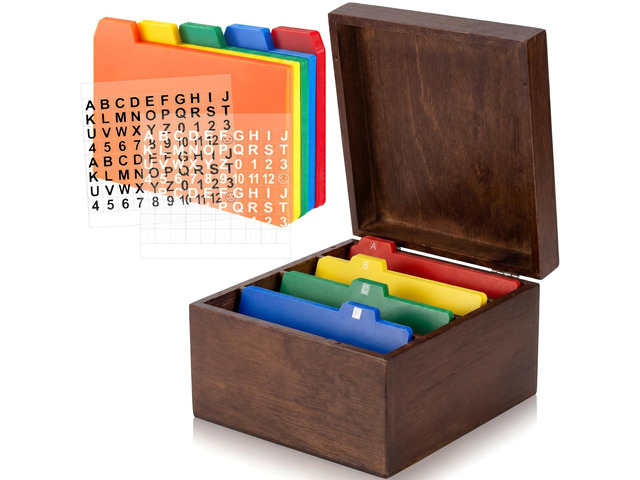 5 x 8 Inches Index Card Holder Set, Bamboo Organizer Box, Brown Holds 1200 Cards with 50 Index Card Organizer Dividers & 2 Sheets Alphabet Number...