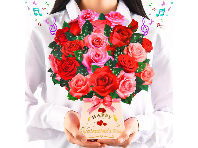 Pop Up Valentines Day Cards, 12 Inch Musical Lights Up Rose Bouquet Card 3D Paper Flower Happy Valentines Day Greeting Cards for Wife, Popup...