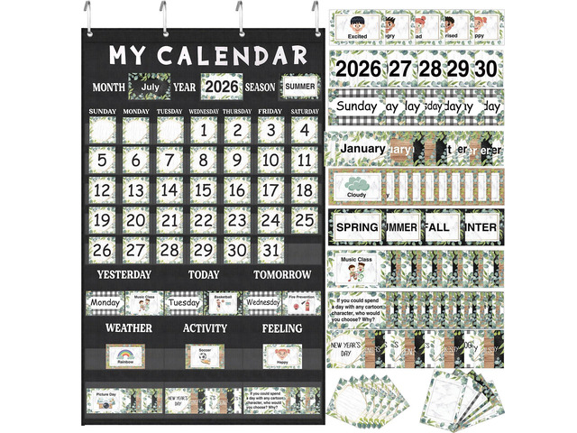 Eucalyptus Classroom Calendar Pocket Chart Bulletin Board Set Decor Calendar Bulletin Board Set with Pocket Season Festival Weather Calendar Pocket...