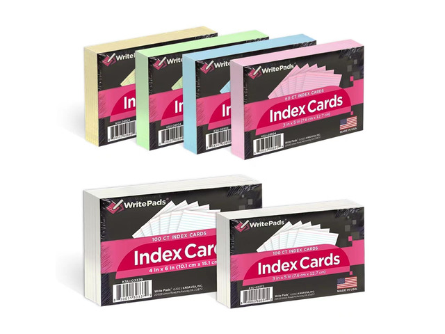 Colored Index Cards - 3'x5' & 4'x6' Mixed, 6 Pack, Ruled, Blank on Back, Made in USA
