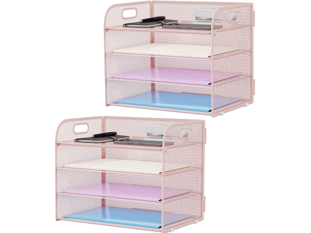 2 Pack 4 Tier Paper Organizer Letter Tray - Mesh Desk File Organizer with Handle, Paper Sorter Organizer for Letter/A4 Office File Folder Holder...