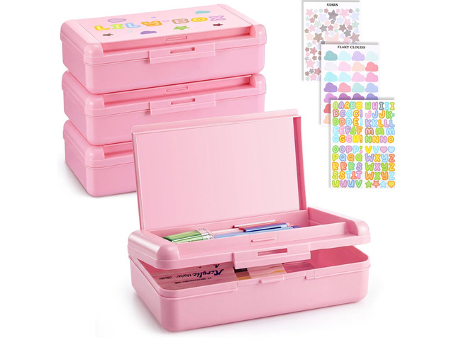 4 Pcs Double Layer Plastic Pencil Box with 3 Stickers,Solid Pink Large Capacity Pencil Case for Kids Girl Boy Back to School Supplies Hard Crayon...
