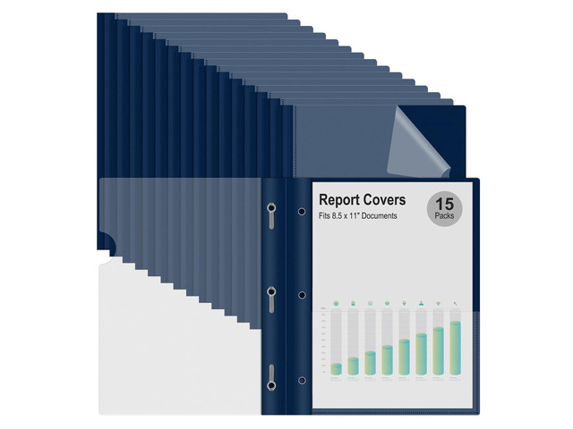 15 Packs Clear Front Report Covers with 3-Prong Fasteners Plastic Project Presentation Folders Resume Document Covers with Navy Blue Back for...