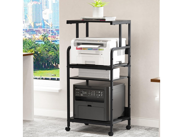4 Tier Stand with Storage Shelf, Tall Mobile Printer Table for Home Office, Adjustable Stands for Heat Press Scanner Fax (Black)