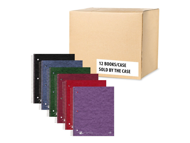 4 Subject Spiral Notebook, 12 Pack, 11' x 9', College Ruled, 200 Perforated Sheets, Assorted Eco Press Covers, 4 Double Storage Pockets, Made in USA