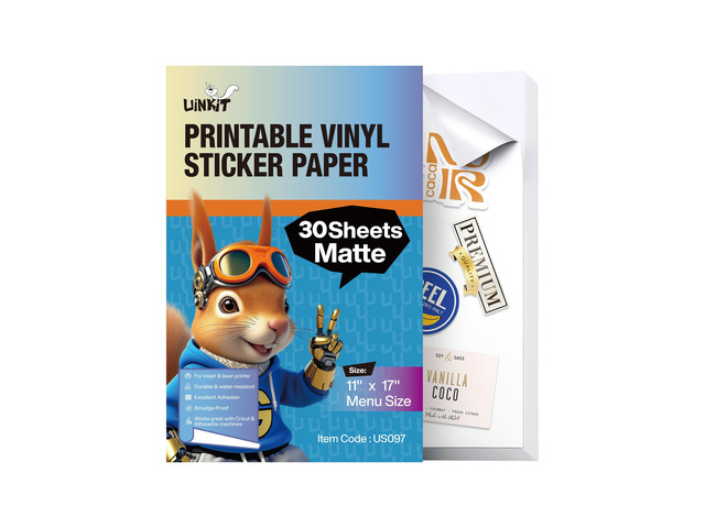 Luxe-Matte Printable Vinyl Sticker Paper 30 Sheets Menu Size Vibrant Color, Lay-Flat, Removable Adhesive for Branding & Crafts for Cutting Machine