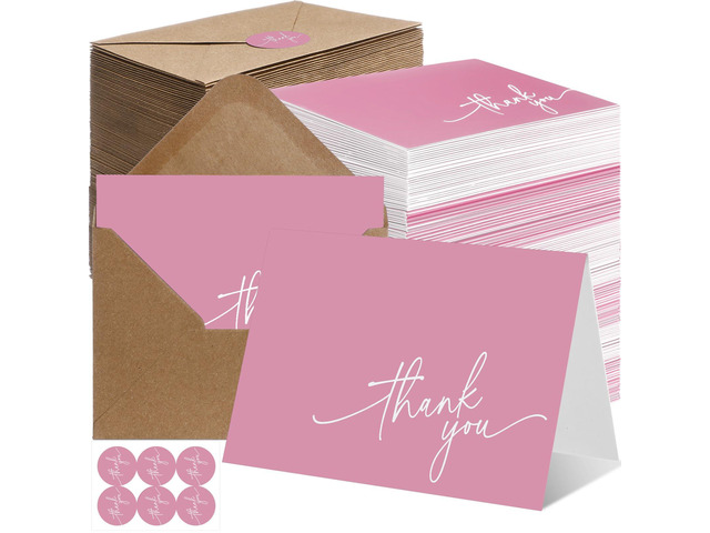200 Pcs Thank You Cards with Envelopes Stickers, 3.5x5', Pink Folded Blank Thank You Notes Bulk, Kraft Envelopes and Stickers, for Wedding Business...